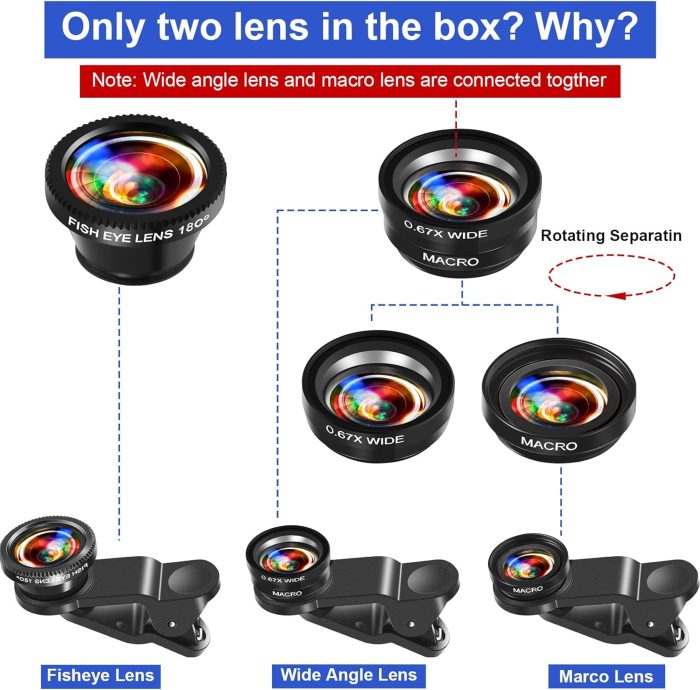 2 Pack Universal 3 in 1 Camera Lens Kit Phone Camera Shot Clip Fisheye Macro Wide Angle Lens Cell Phone Shot Attachments Compatible with Most Smartphones for Video, Live Show, Vlog - Image 3