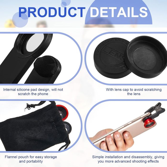 2 Pack Universal 3 in 1 Camera Lens Kit Phone Camera Shot Clip Fisheye Macro Wide Angle Lens Cell Phone Shot Attachments Compatible with Most Smartphones for Video, Live Show, Vlog - Image 4