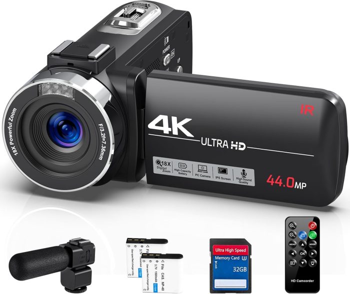4K Video Camera Camcorder Ultra 44MP Vlogging Camera for YouTube 18X Digital Zoom Camcorder 3.0" IPS Screen IR Night Vision with External Mic, Controller, 2 Batteries and 32G SD Card
