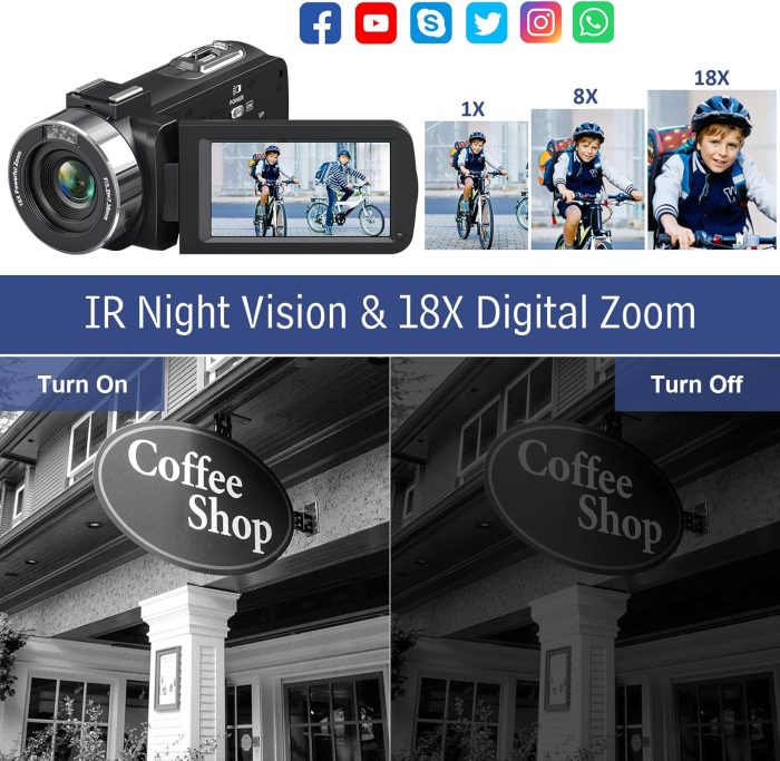 4K Video Camera Camcorder Ultra 44MP Vlogging Camera for YouTube 18X Digital Zoom Camcorder 3.0" IPS Screen IR Night Vision with External Mic, Controller, 2 Batteries and 32G SD Card - Image 3